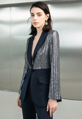 Blue Sequence Blazer with Flare Pantsuit - FashionByTeresa